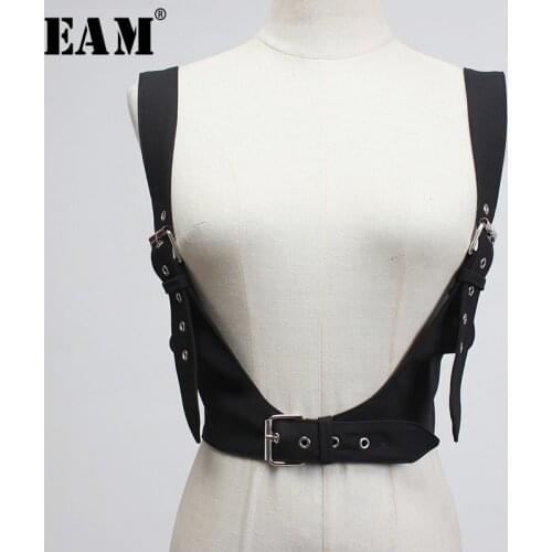 [EAM] Pu Leather Buckle Cross Bandage Strap Black Wide Belt Personality Women New Fashion Tide All-match Spring 2021 1U283