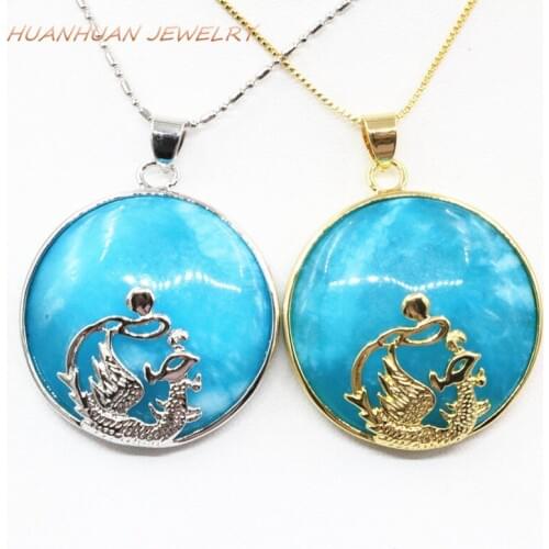 Elegant Womens Natural Stone Pendant Chain Stainless Steel Necklace Circle Round 32mm Blue Jades Pendants Dragon Inlay B3327