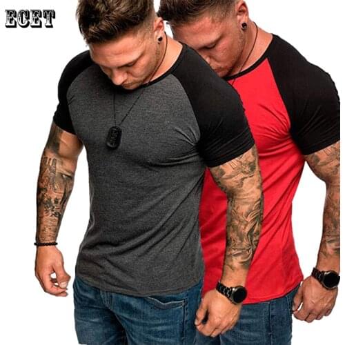 Summer casual mens T-shirt stitching fashion round neck short-sleeved shirt cotton fitness sportswear daily casual workwear