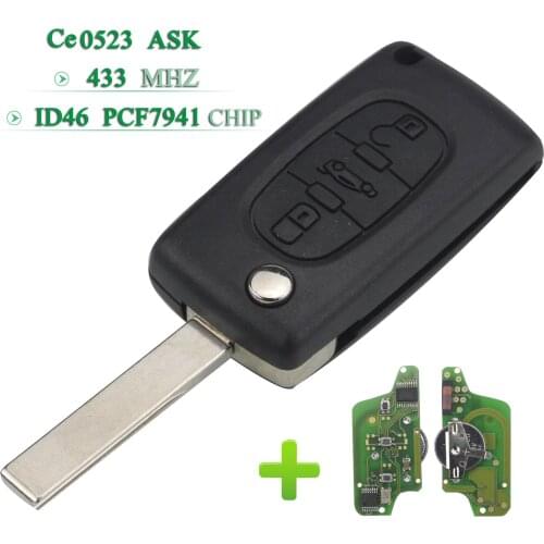 Bilchave 3 Button ASK 433Mhz CE0523 ID46 PCF7941 Chip Flip Remote Car Key Middle Trunk For Citroen Peugeot With HU83 Blade