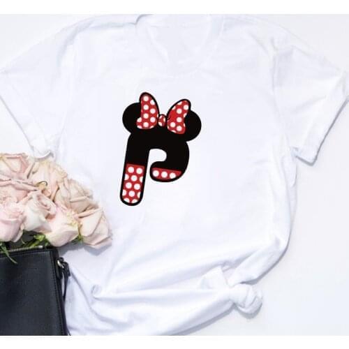 Summer Women T Shirts Alphabet Letter P ABC Tshirts Mickey Mouse Minnie Harajuku Tee Shirts Loose White O-neck Female Clothes