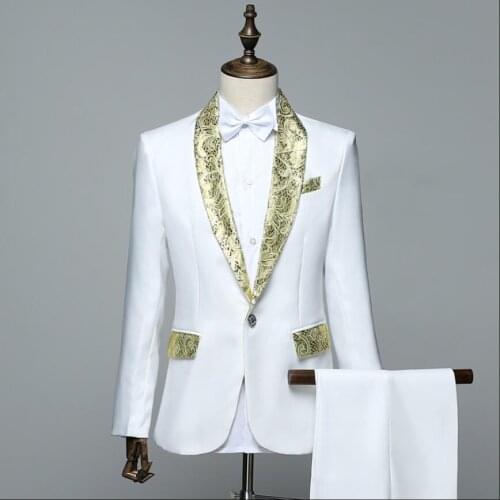 Printed Collar Suit Men Formal Dress Chorus Performance Costume Adult Performance Service Host Singer Suits Middle-aged White