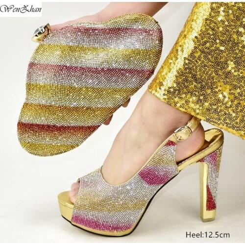 New Fashion Wedding Shoes and Bag Ladies Gold Decorated with Rhinestone Italian Shoes and Bag Party Set WENZHAN 37-42! d912-27