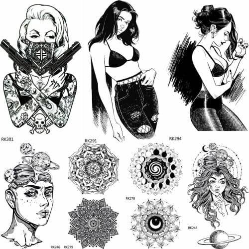 OMMGO Gangsta Girl Weapon Sexy Style Temporary Tattoos Sticker Cover Custom Fashion Black Body Art Arm Fake Tatoo Waterproof
