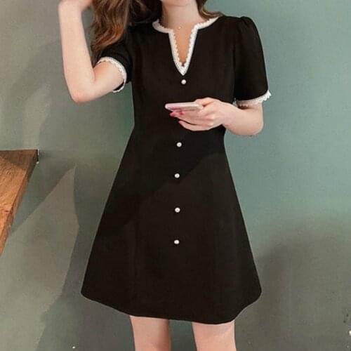 Summer Striped Black Lace Dress Women Ruff Sleeve V Neck A-Line Mini Dresses Casual Fashion Patchwork Bandage Button Vestidos