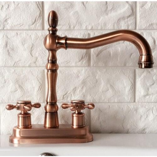 Antique Red Copper Brass Deck Mounted Dual Cross Handles 4" Center Hole Bathroom Two Holes Basin Faucet Swivel Mixer Taps mrg050