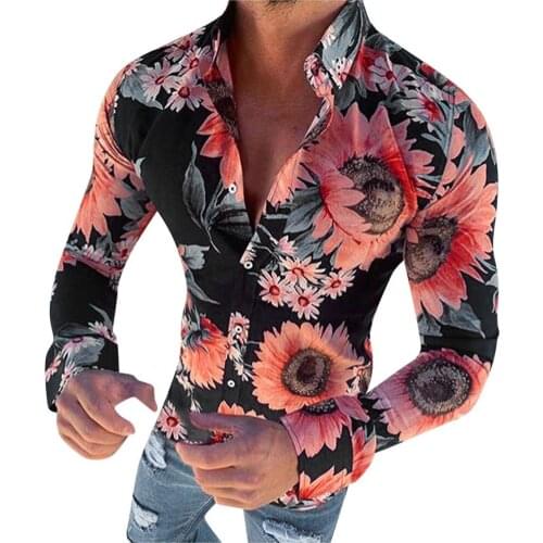 Sunflower Printing Shirts Mens Vintage Tops Slim Fit Autumn Long sleeve Cardigan Sexy Streetwear Camicias Single Breasted Shirt