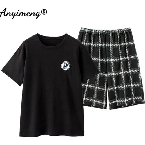 Plus Size Male Pajama Set Summer Shorts Pullover Black Badge Fashion Sleepwear Plaid Bottoms Mans Two Pieces Men Nightwear New