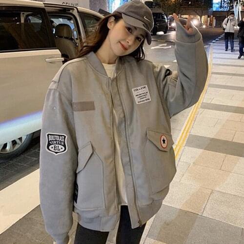 Zoki Fashion Bomber Warm Jacket Women Casual Patchwork Jacket Black Baseball Coats Hip Hop Style Badge Street Outwear New 2021