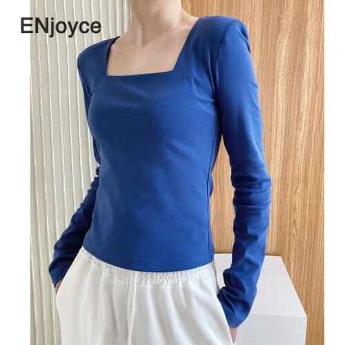 Women Vintage Square Neck Long Sleeve Cotton T-shirt 2021 Spring Summer Basic Blue Soft Tee Tops Korean Casual Slim Fit Clothes