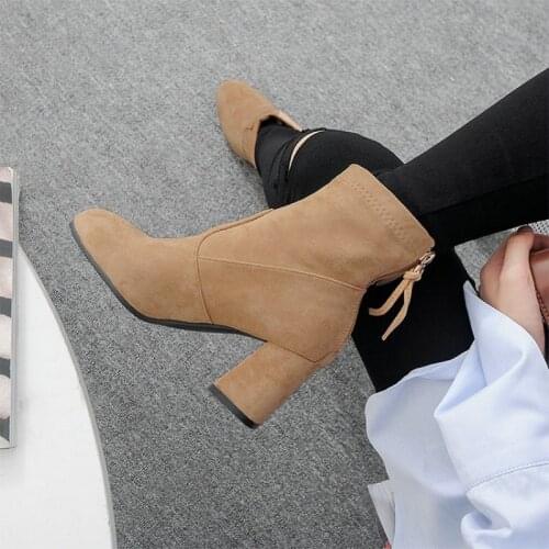 Sianie Tianie solid block high heel woman boots fashion zipper faux suede winter women shoes ladies ankle boots plus size 44 45