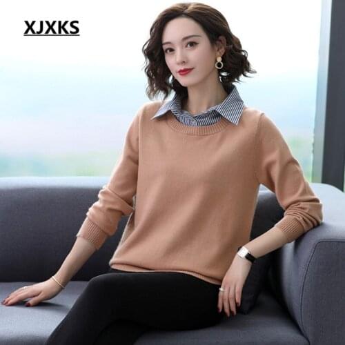 XJXKS Fashion shirt collar fake two women sweaters 2020 spring new high quality comfortable cashmere knit sweater women pullover