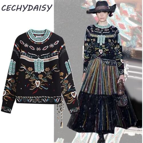 Runway Sweater Women Luxury Brand Design Elegant Vintage Embroidery Loose Knitted Pullovers Tops Mujer pull femme nouveaute 2019
