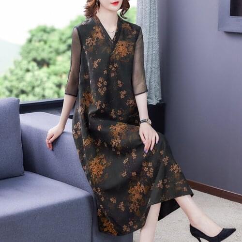 Summer Vintage Floral Mulberry Silk Loose Midi Dress 2021 Casual 4XL Plus Size Print Dress Women Elegant Bodycon Party Vestidos
