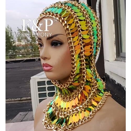 Burning Man Festival Gold Hood Chain Couture Headpiece Carnival Drag Queen Costume Gogo Dancer Stage Halloween Accessories