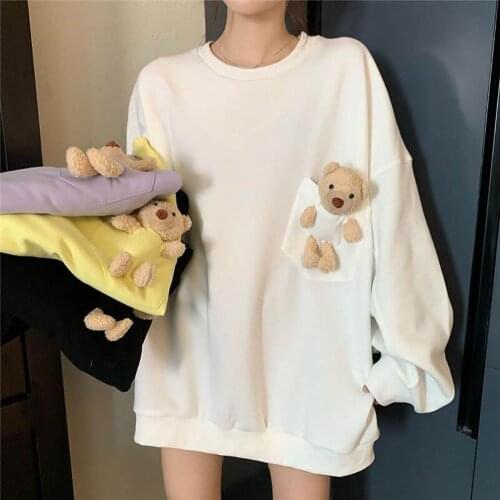 40# Womens Bear pocket Hoodies cute Spring Autumn Loose Wild Pullover Solid Bear Sweatshirt Hoodies Preppy Kawaii Sweatshirts