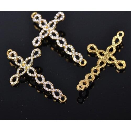 5pcs 49mm x 27mm Cross Shape Gold Plated with Crystal Rhinestones Paved Charms Connectors for Jewelry Making DIY Crafts