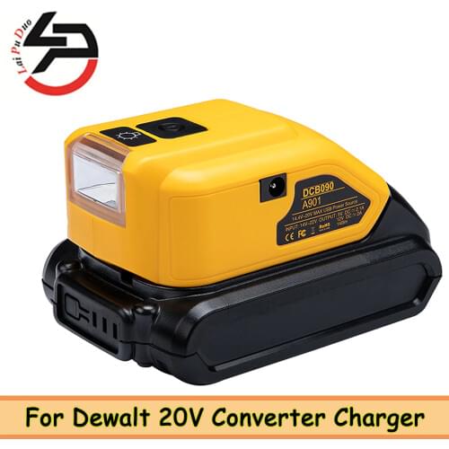 For Dewalt 20v battery Suitable two USB ports output 5V 2.1A and 12V2A and 3W LED USB Converter Charger Tool battery Adapter