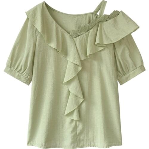Summer Womens Blouse Ruffled Chiffon Lace Shirt Short Sleeve Off Shoulder Strap Student Top Western Bottoming Shirt