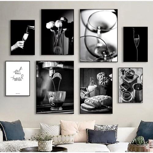 Painting Picture Dining Room Restaurant Decoration Coffee Wine Bread Kitchen Poster Black White Drink Food Canvas Print Wall Art