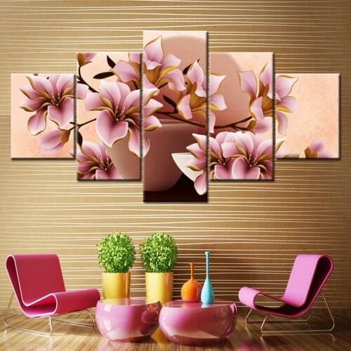 Canvas Painting HD Pink magnolia flowers 5 Pieces Wall Art Painting Modular Wallpapers Poster Print for living room Home Decor