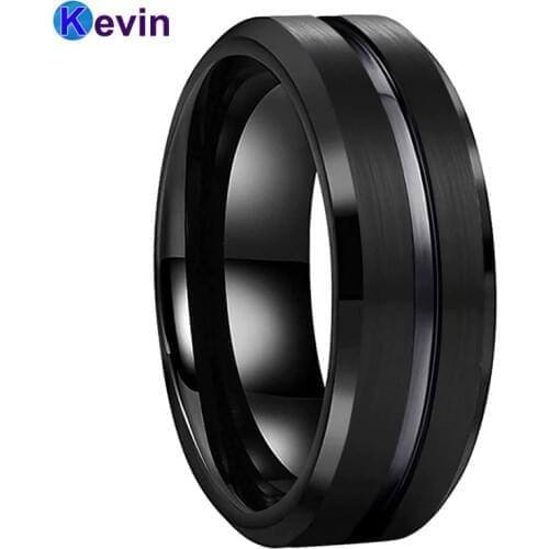 CLASSIC 8MM Black Tungsten Carbide Wedding Band Ring Brushed Finish Grooved Center Comfort Fit
