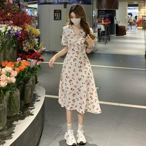 Summer Women Peter Pan Neck Button Floral Print Short Dresses Sweet Ruffle Puff Sleeve Slim 2021 New Ladies High Waist Elegant