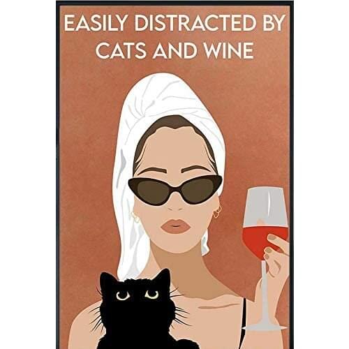 Metal Sign Easily Distracted by Cats and Wine Cat Girl Wine Poster Tin Signs New Year Easter Wall Bar Pub Family Cafe Signs