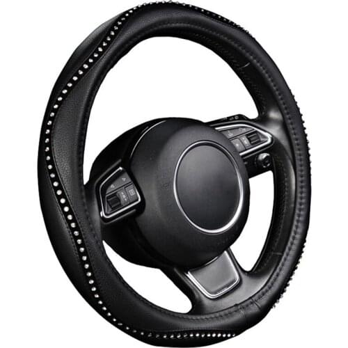 Fashion Steering Wheel Cover Black Lychee Pattern with Luxury Crystal Rhinestone M Size Fits 38cm