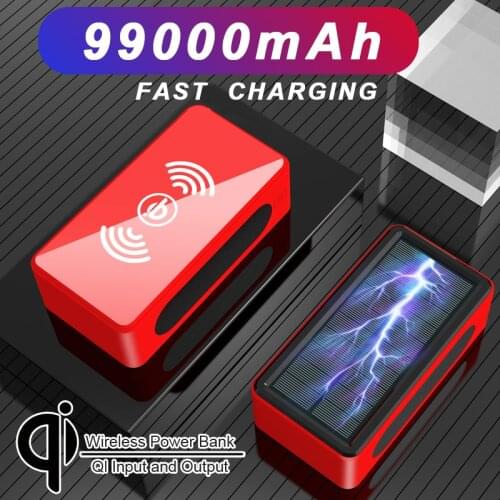 99000mAh Qi Solar Wireless Portable Power Bank Large Capacity With 4USB LED Light Outdoor Fast Chargin For Samsung Xiaomi Iphone