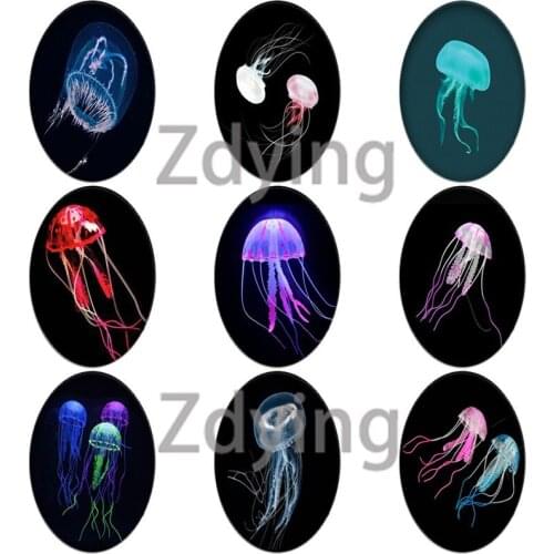 Zdying Colorful Artificial Glowing Jellyfish Pattern Oval Shape Glass Cabochons Beads Demo Flat Back DIY Making Jewelry Findings