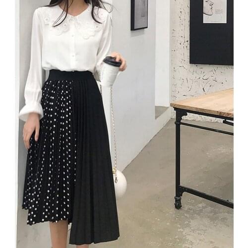 Women Skirts Long Korean Pleated Female Fashion Plus-Size Elascity High-Waist Vintage Sexy Wave point Splicing Chiffon Big skirt