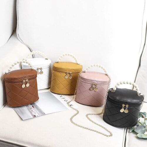 Women Shoulder Messenger Bags 2021 Fashion Sweet New PU Leather Pearl Cylinder Cosmetic Bag Casual Solid Color Crossbody Bag