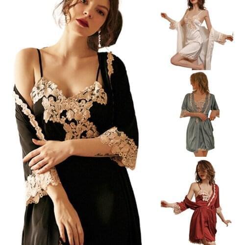 Womens pajamas home clothes summer autumn lace suspender ice simulation silk nightdress gown sleepwear set woman 2 pieces