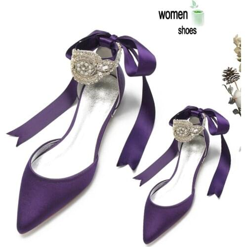 New Satin Crystals Women Flats Pointed Toe Bride Formal Wedding Shoes Lace Up Evening Party Dress Flats Casual Summer
