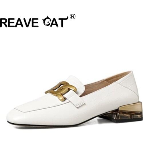 REAVE CAT 2021 Genuine Leather Lady Pumps Lofers Metal Chains Square Toe Slip On Crystal Block Heel Size 34-40 Black Beige A4446