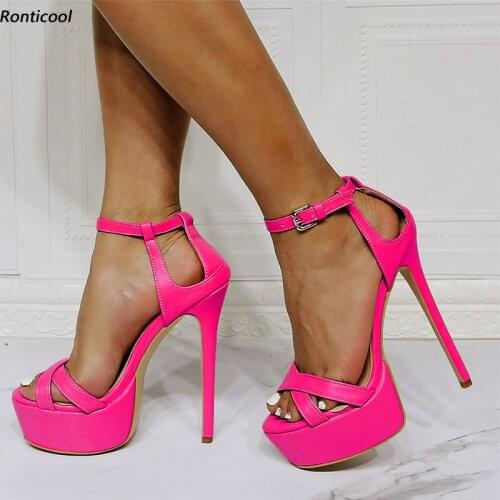 Ronticool 2021 New Handwork Women Platform Sandals Ankle Strap Stiletto Heel Open Toe Gorgeous Party Shoes Size 35 43 45 47 52