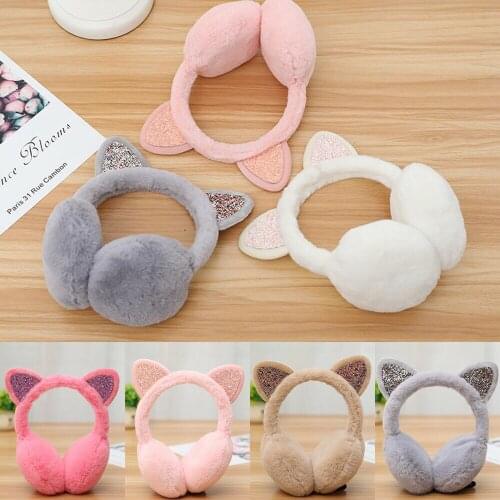 Women Girl Fur Winter Ear Warmer Earmuffs Cat Ear Muffs Earcap Glitter Sequin Earmuffs Headband Soft Fluffy Earcap