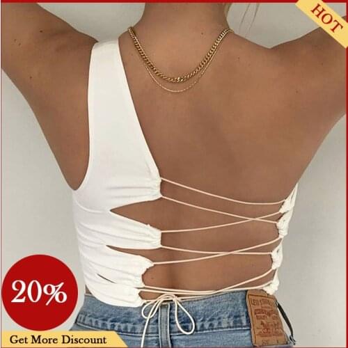 NEW 2021 Womens Sexy Crop Tanks Top Casual Sleeveless One Shoulder Solid Color Hollow Out Lace Up Camisole Vest Summer