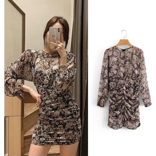 Women Dress Za Vintage Floral Print Sheath Drapped Mini Party Dress Long Sleeve Chiffon Elegant Dresses Female Vestiods Mujer