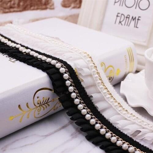 1yard Vintage White Pearl Beaded Cotton Chiffon Embroidered Lace Trim Ribbon Fabric Handmade DIY Wedding Dress Sewing Craft