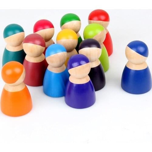 12pcs 6.5cm Rainbow Villain Wooden Blocks Creative Puppet Dolls for Children and Baby Early Education and Intelligence Kids Toys