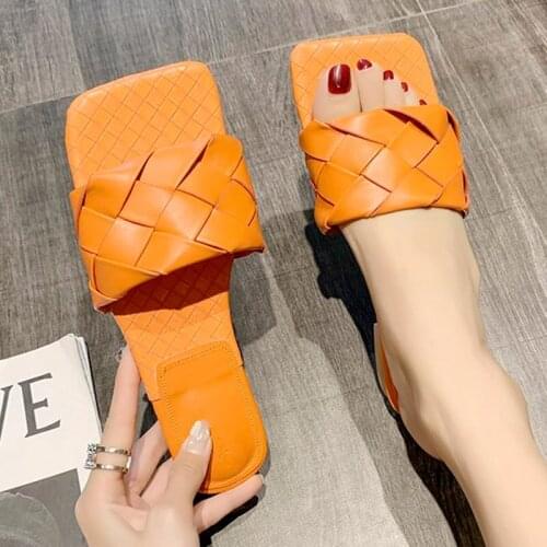 2021 Ladies PU Learher Weave Slippers Square Toe Womens Sexy Flat Sandals Fashion Slip On Women Peep Shoe Female Footwear New