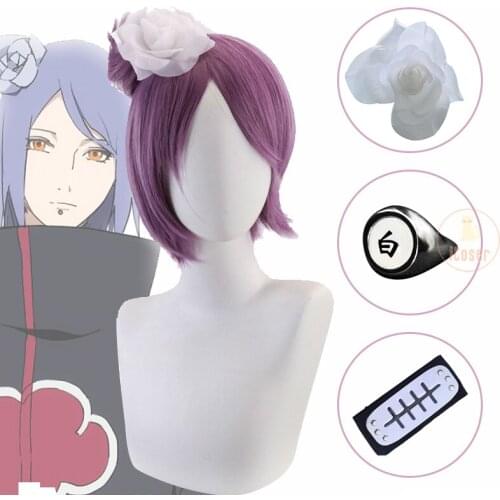 4 PCS Konan Cosplay Wig Purple Wig Flower Hairpin Nanja Headband Ring Heat Resistant Hair Free Wig Cap Halloween Role Play Props