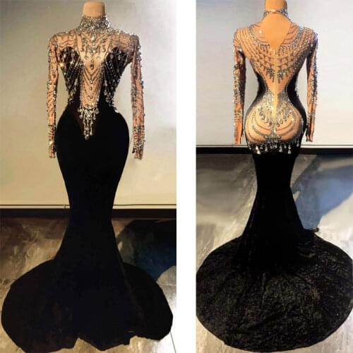 Black velvet slim dress Sparkly crystal sexy birthday evening party long tail stage female singer dress Stretch Costume