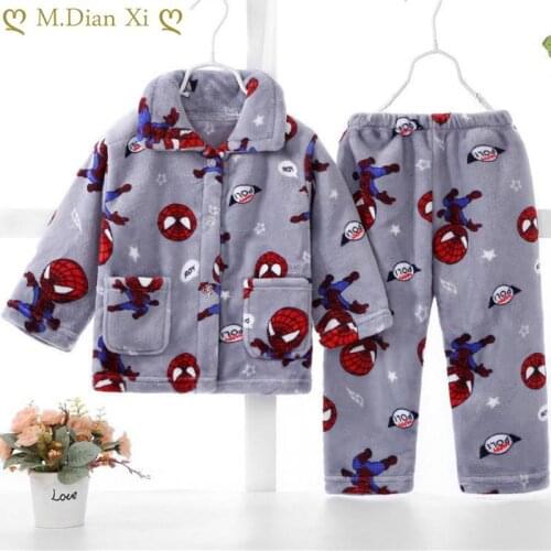 Childrens Pajamas Suit Winter Fleece Thickened Flannel Pajamas Children Clothes Girls Boys Cartoon Teenagers Home Service