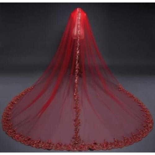 Elegant Red Cathedral Length Veil Lace Appliques Wedding Veil 1 Layer 3M Long Bridal Veils With Comb
