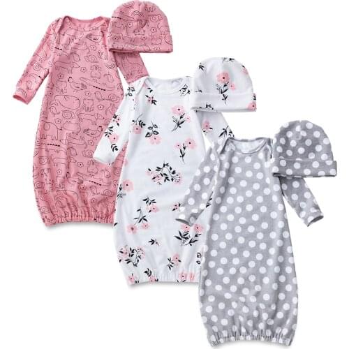2PCS Newborn Unisex Baby Cotton Printing Sleeper Gown Cap Long Sleeve Nightgown