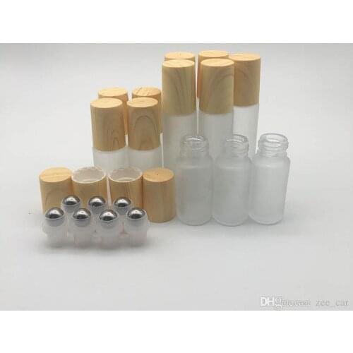 Frosted Clear Glass Roller Bottles Vials Containers with Metal Roller Ball and Wood Grain Plastic Cap for Essential Oil Perfume