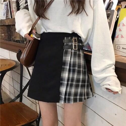 Fashion Women Skirt Plaid Patchwork Pleated Skirts High Waist A Line Shape Check Pattern Half Mini Skirt Streetwear